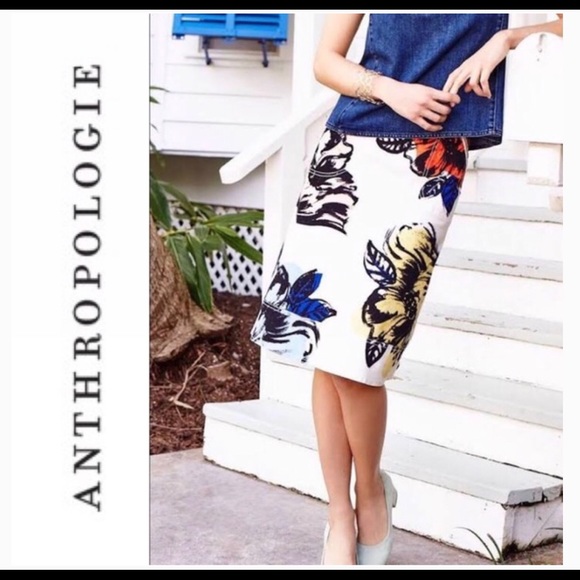 Maeve Dresses & Skirts - Anthropologie Maeve White Floral Denim Skirt